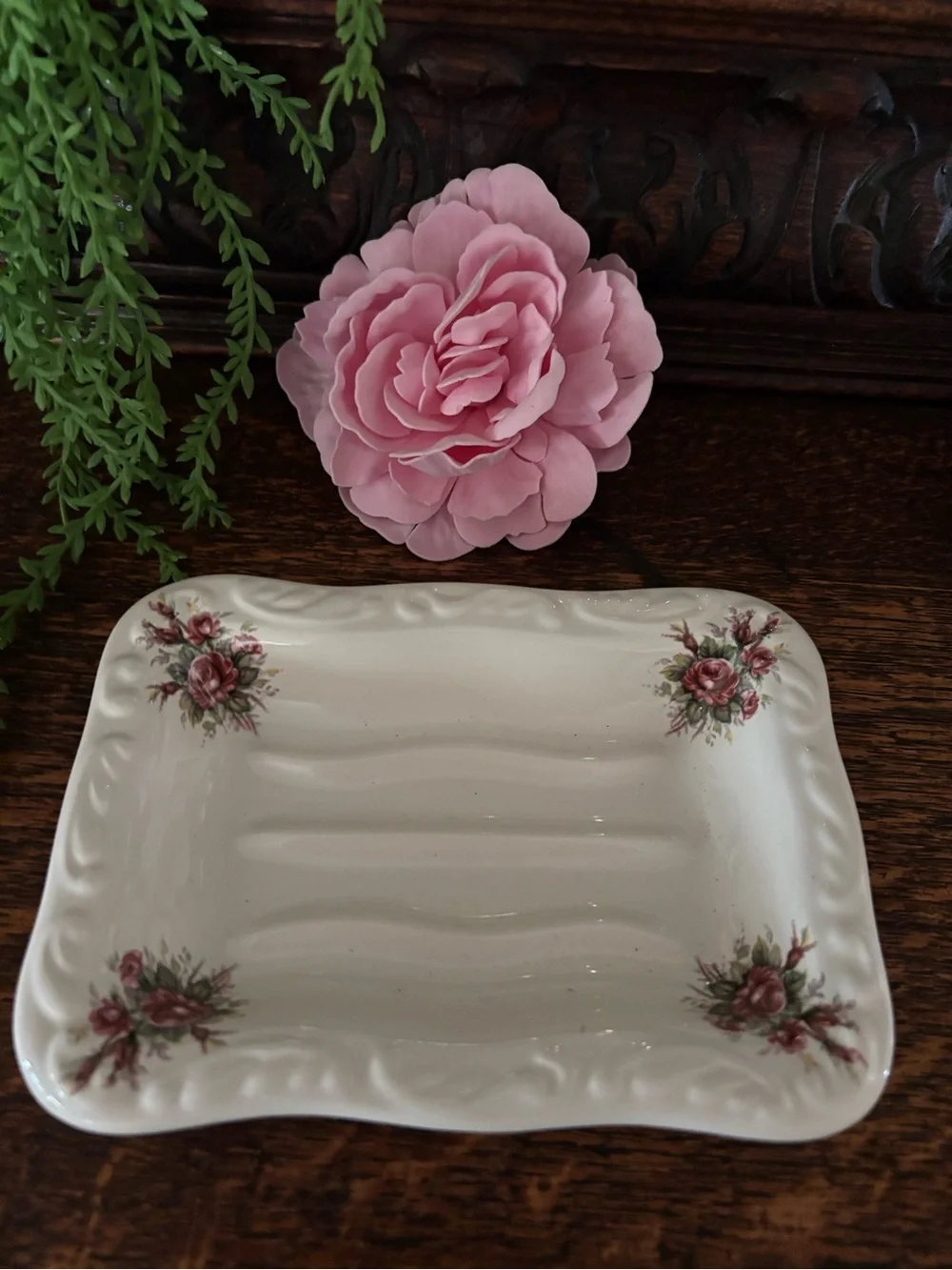 Athena Cream Ceramic Soap Dish with Pink Rose Decals Vintage Style